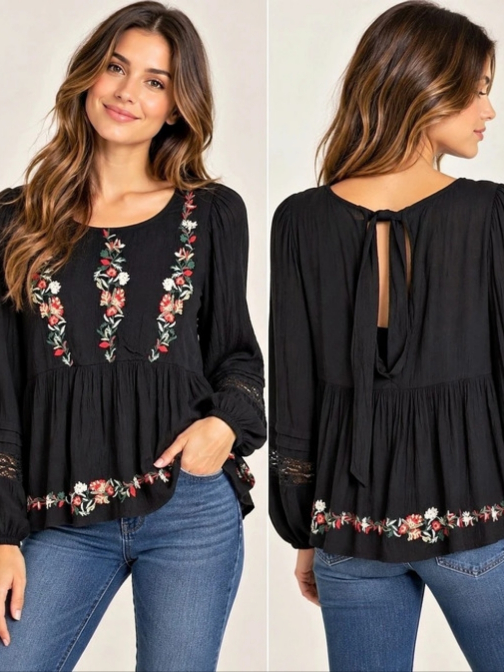 American Eagle Black Embroidered Boho Blouse Floral Peasant Balloon Sleeve